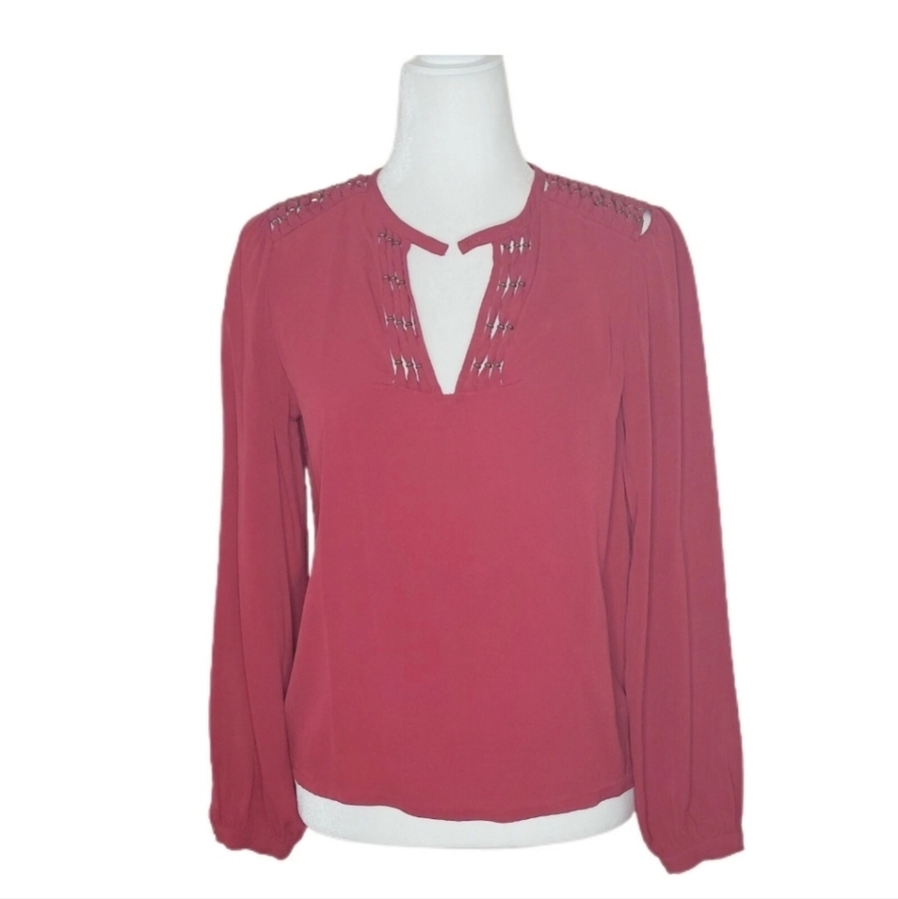 Diane von Furstenberg Deep Red and Gold Silk Keyhole Long Sleeve Blouse Oversize